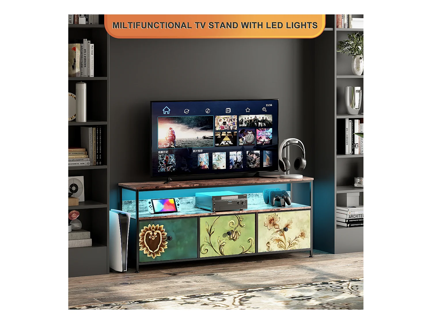 Meuble TV LED avec 3 Tiroirs, 108x30x57cm Banc TV Rétro Buffet, Tiroirs colorés