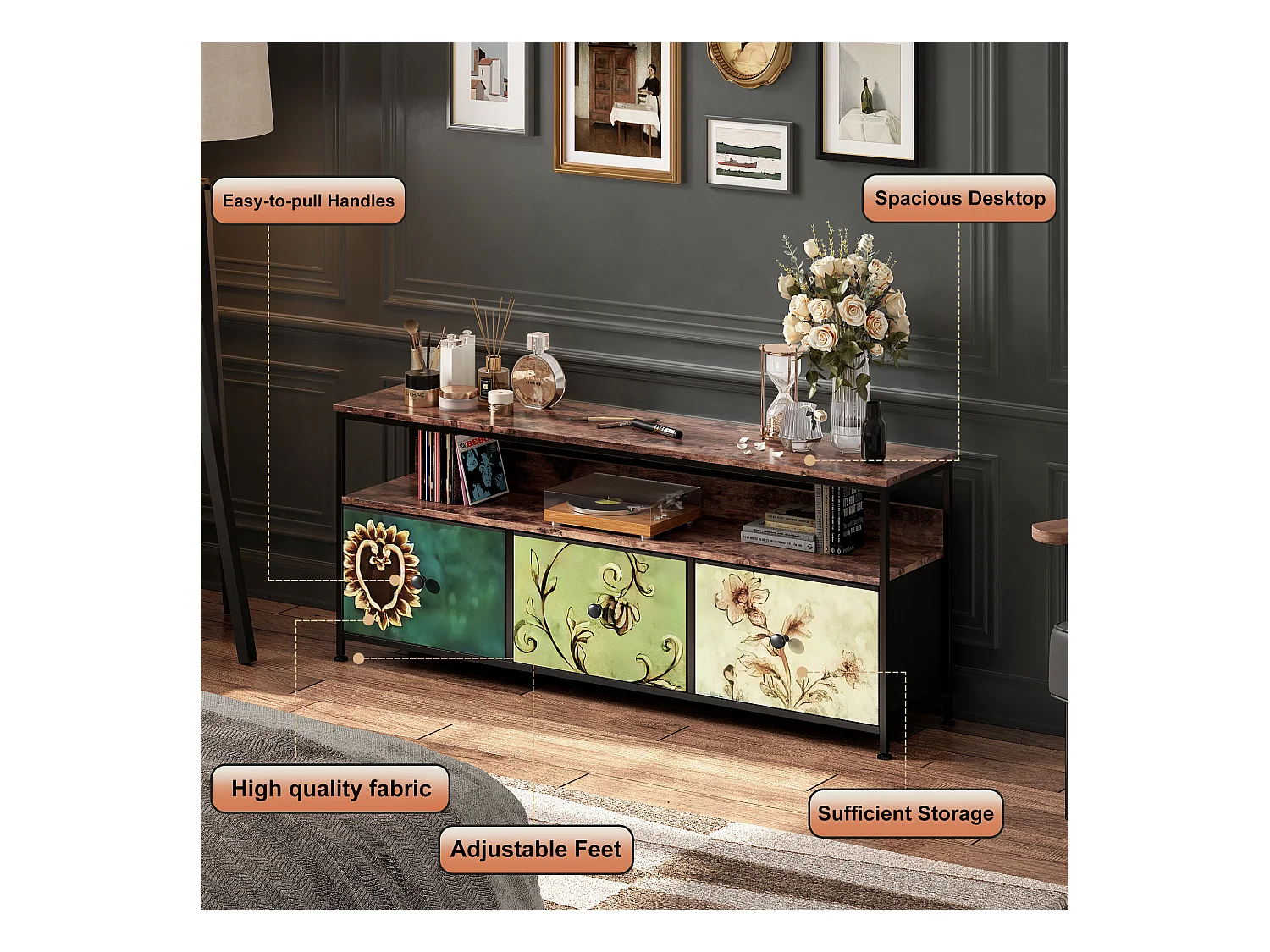 Meuble TV LED avec 3 Tiroirs, 108x30x57cm Banc TV Rétro Buffet, Tiroirs colorés