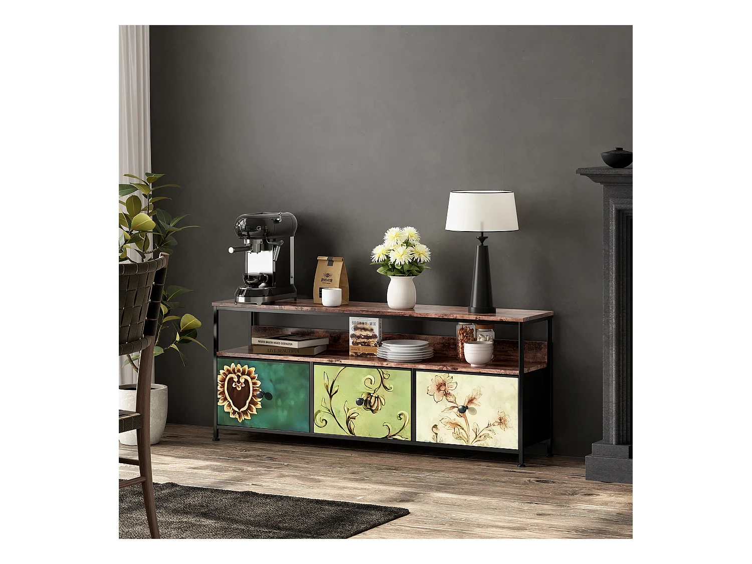 Mueble de TV LED con 3 cajones, 108 x 30 x 57 cm, aparador retro, cajones de colores