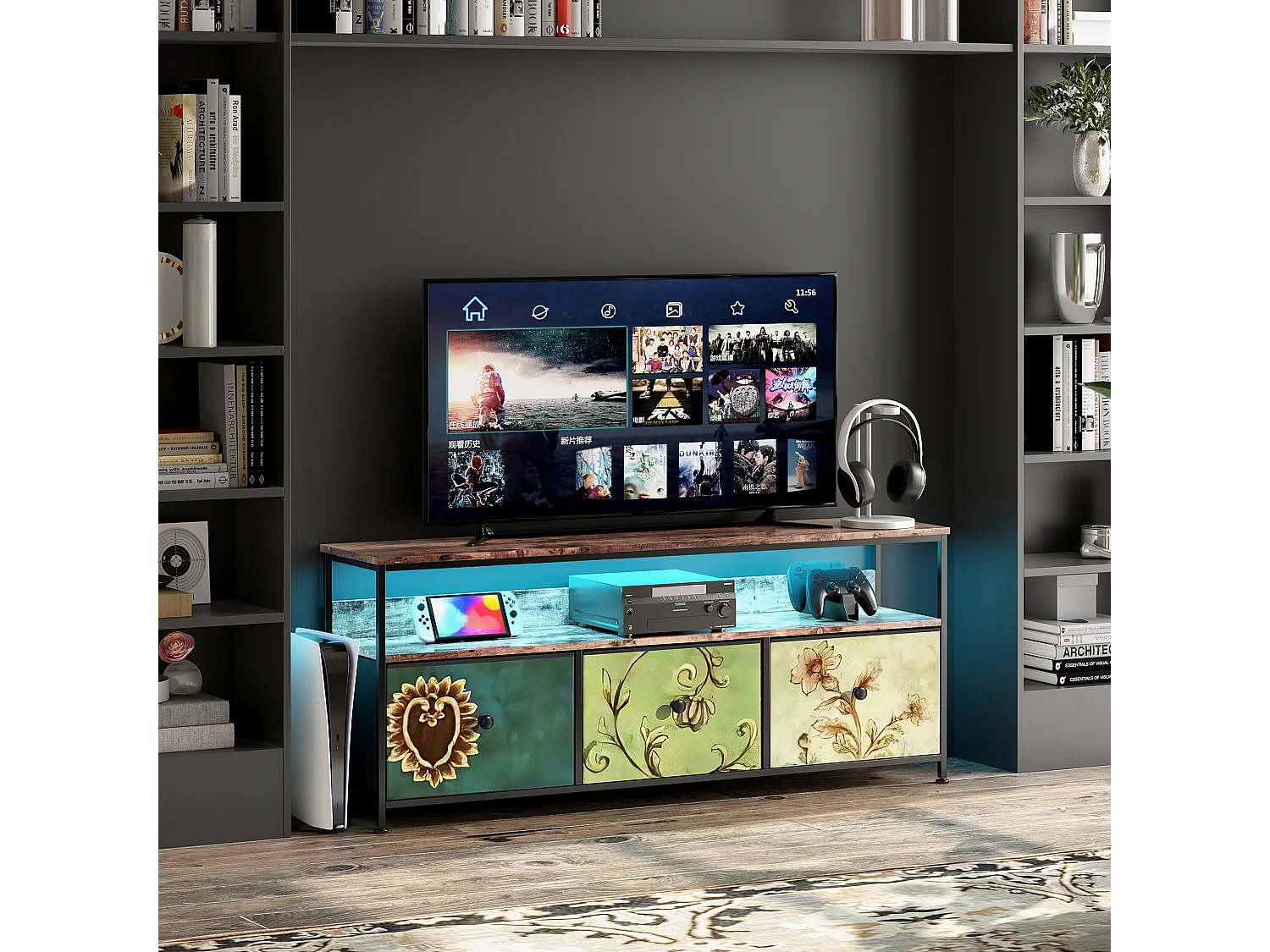 Szafka pod telewizor LED z 3 szufladami, 108x30x57 cm, komoda retro TV, kolorowe szuflady