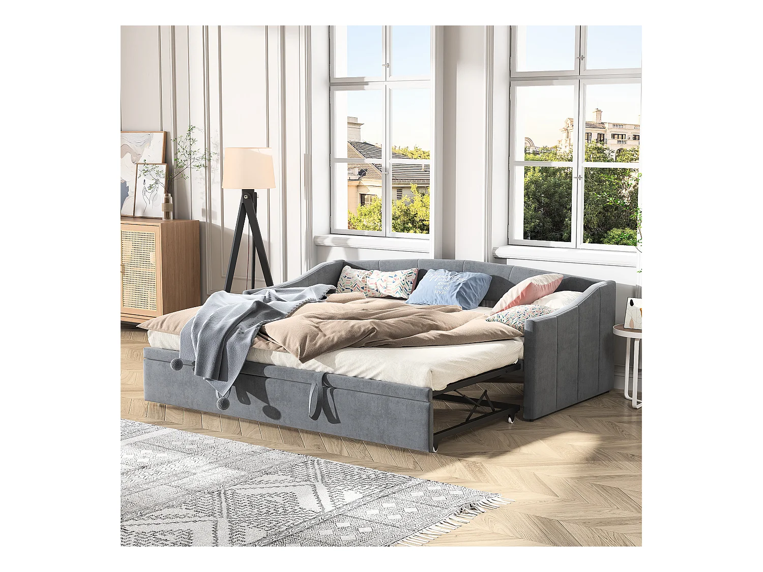 Uitschuifbed 90/180x200 cm - uitschuifbaar bed met lattenbodems - in fluwelen stof - Grijs