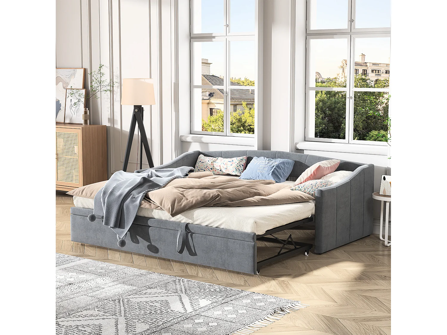 Łóżko wysuwane 90/180x200 cm - łóżko rozkładane z stelażem z listew - w tkaninie aksamitnej - Szare