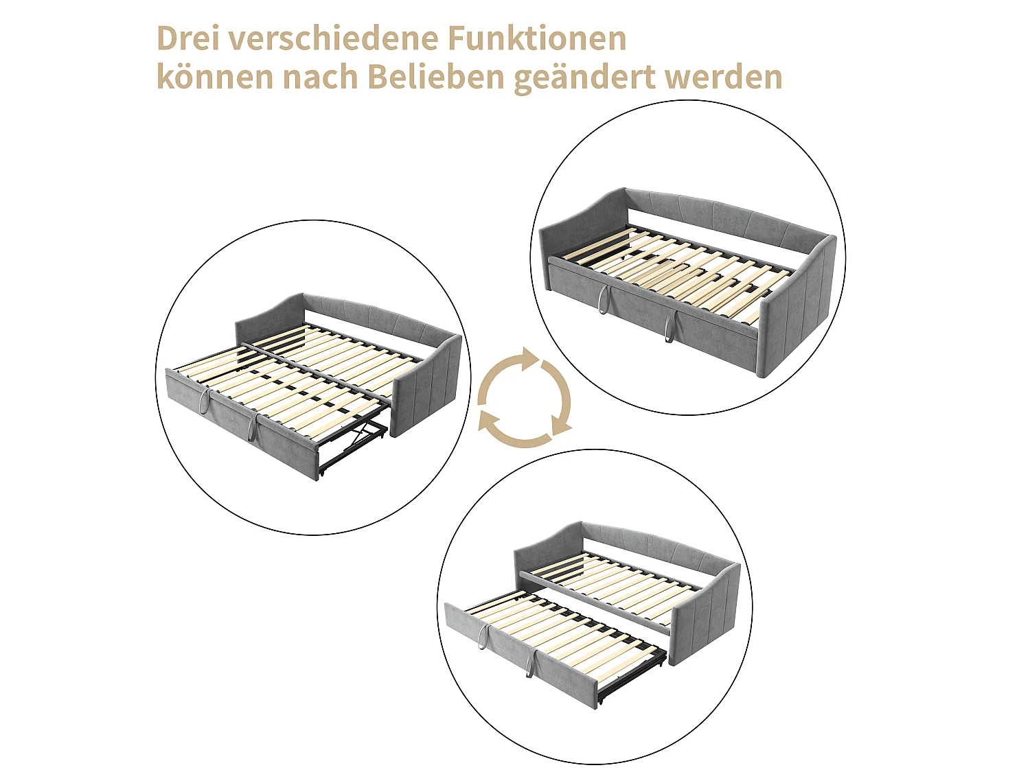 Cama nido 90/180x200 cm - cama extensible con somier - en tejido de terciopelo - Gris