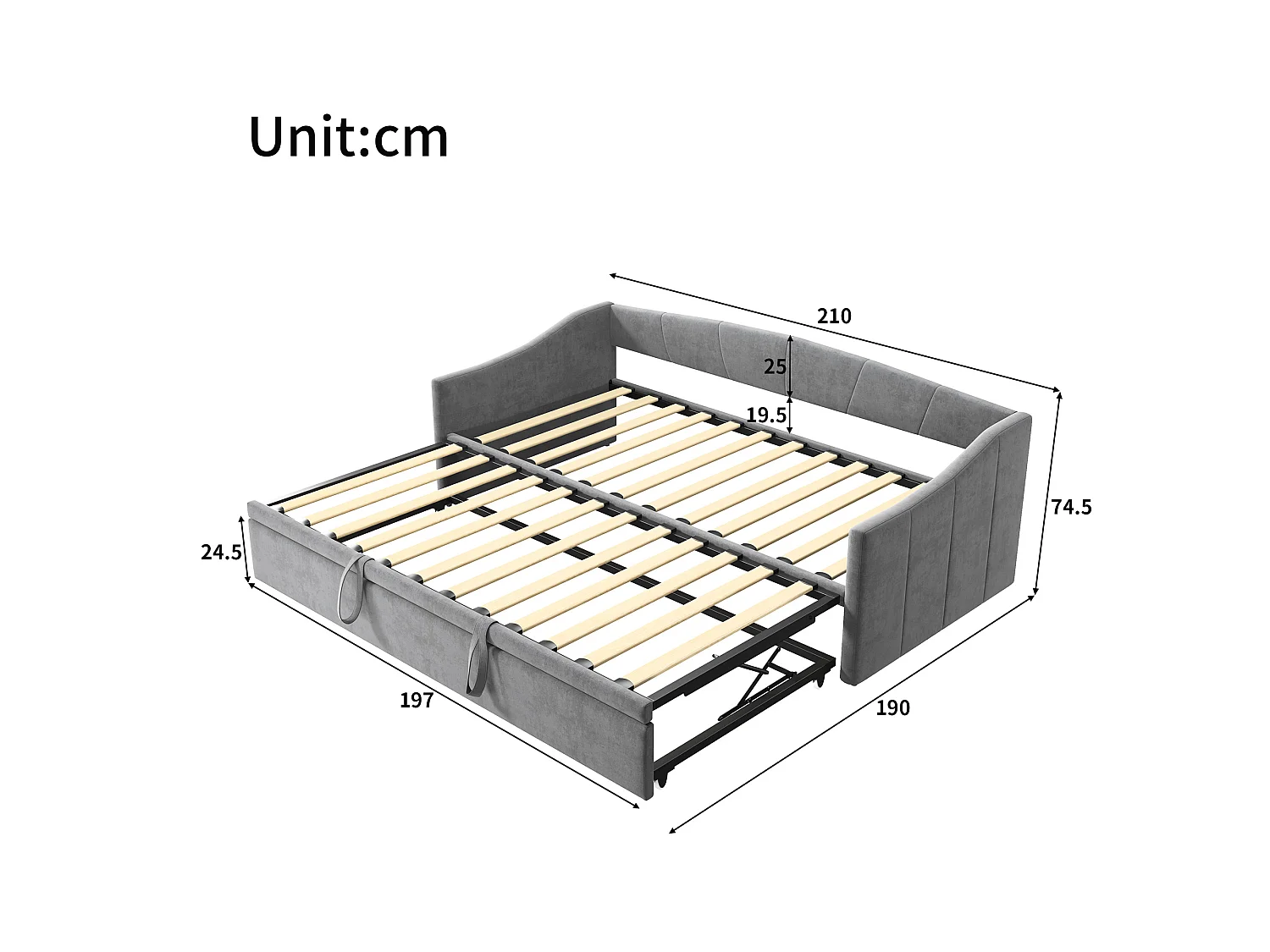 Cama nido 90/180x200 cm - cama extensible con somier - en tejido de terciopelo - Gris