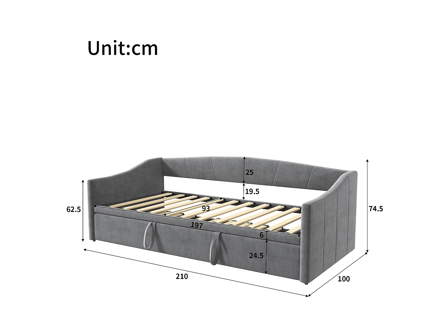 Cama nido 90/180x200 cm - cama extensible con somier - en tejido de terciopelo - Gris