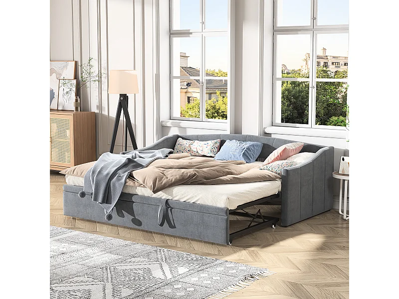 Uitschuifbed 90/180x200 cm - uitschuifbaar bed met lattenbodems - in fluwelen stof - Grijs