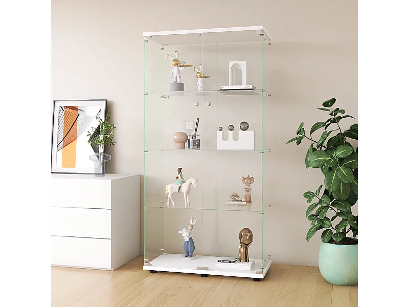 Vitrine de vidro com 4 prateleiras, 2 portas e fechadura, 164 x 80 x 36 cm, branca