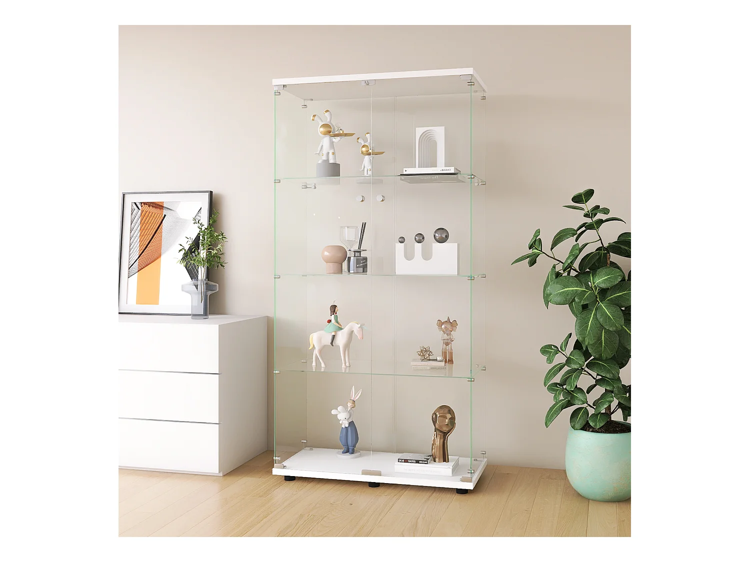 Vitrine en Verre 4 étagères, 2 Portes et Serrure, 164 x 80 x 36 cm, Blanc