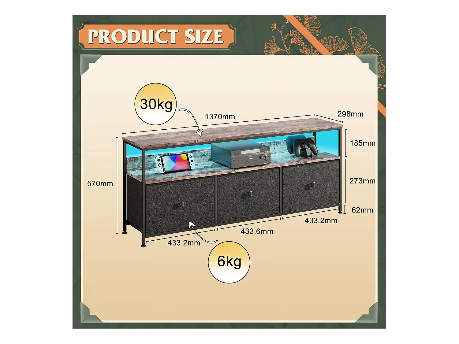 Mobile TV LED con 3 cassetti, credenza porta TV retrò 137x30x57cm, nero