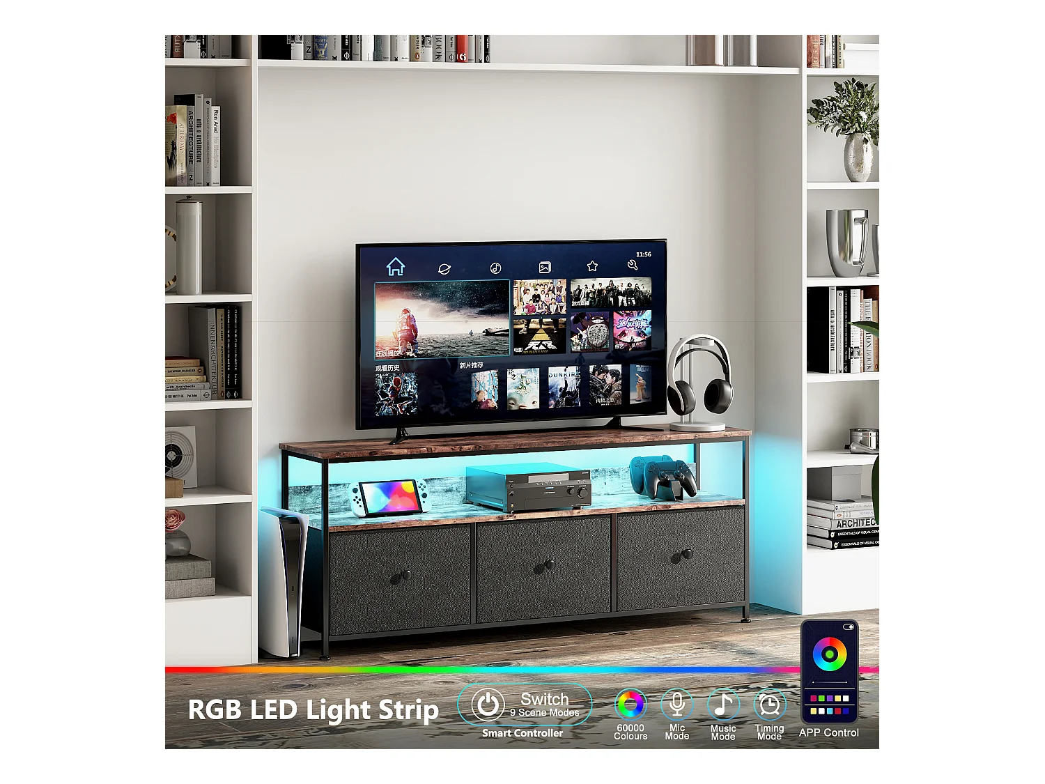 Mobile TV LED con 3 cassetti, credenza porta TV retrò 137x30x57cm, nero