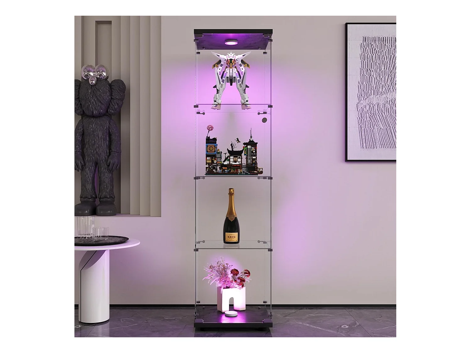 Vitrine en verre 4 étagères, LED, 1 porte, 164x42x36 cm, meuble pour collection, noir, transparent
