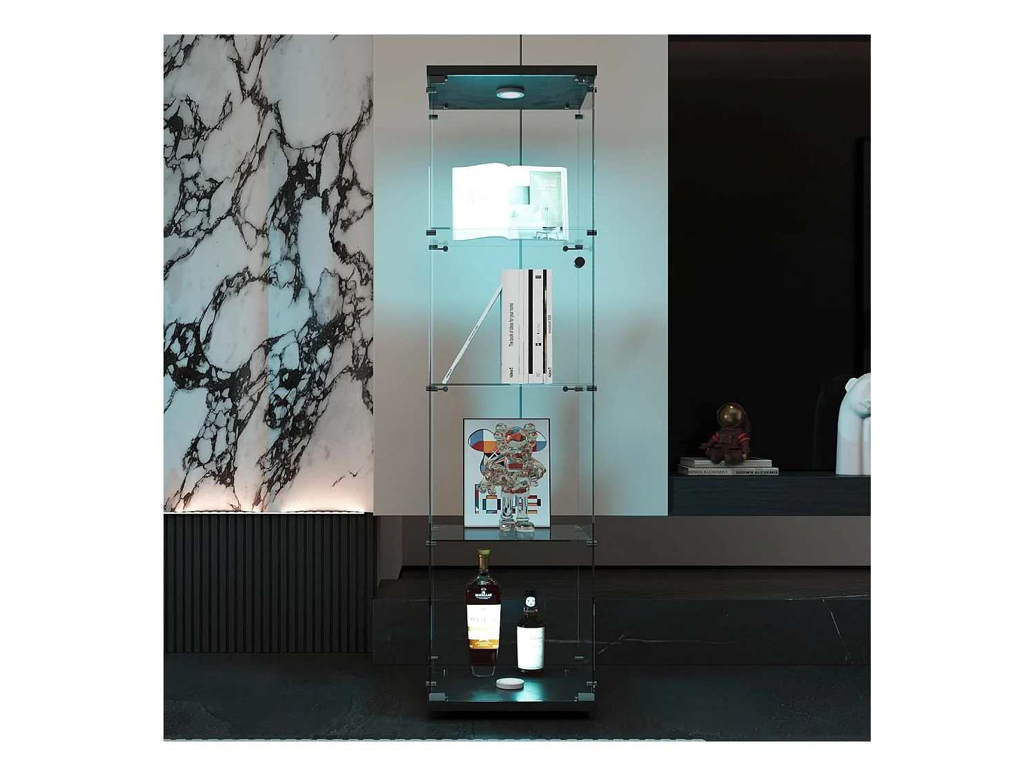 Vitrine en verre 4 étagères, LED, 1 porte, 164x42x36 cm, meuble pour collection, noir, transparent