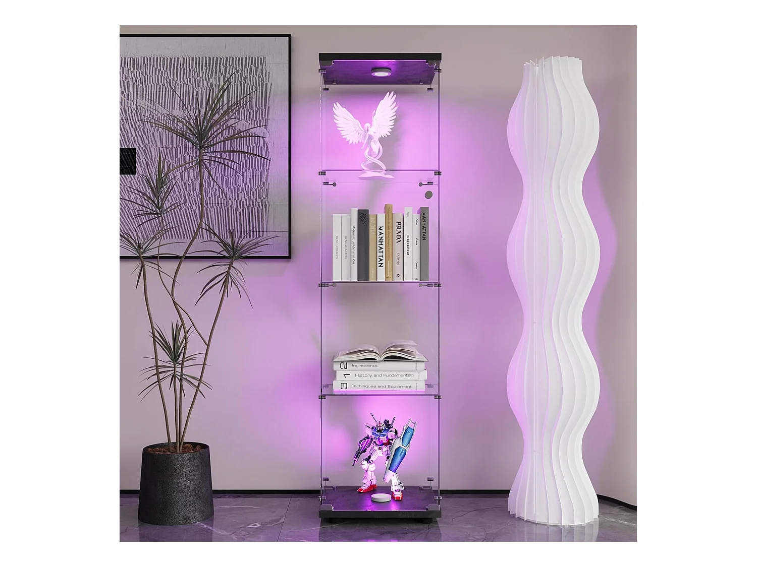 Vitrine en verre 4 étagères, LED, 1 porte, 164x42x36 cm, meuble pour collection, noir, transparent