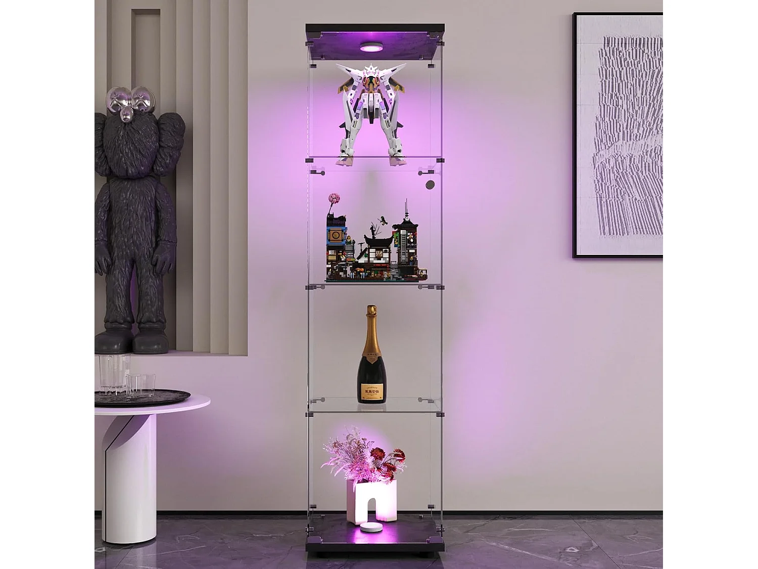 Vitrine en verre 4 étagères, LED, 1 porte, 164x42x36 cm, meuble pour collection, noir, transparent