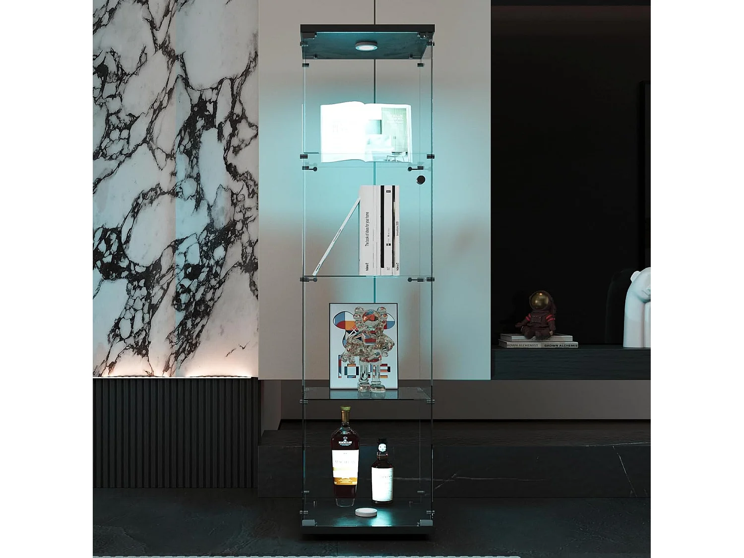 Vitrine en verre 4 étagères, LED, 1 porte, 164x42x36 cm, meuble pour collection, noir, transparent