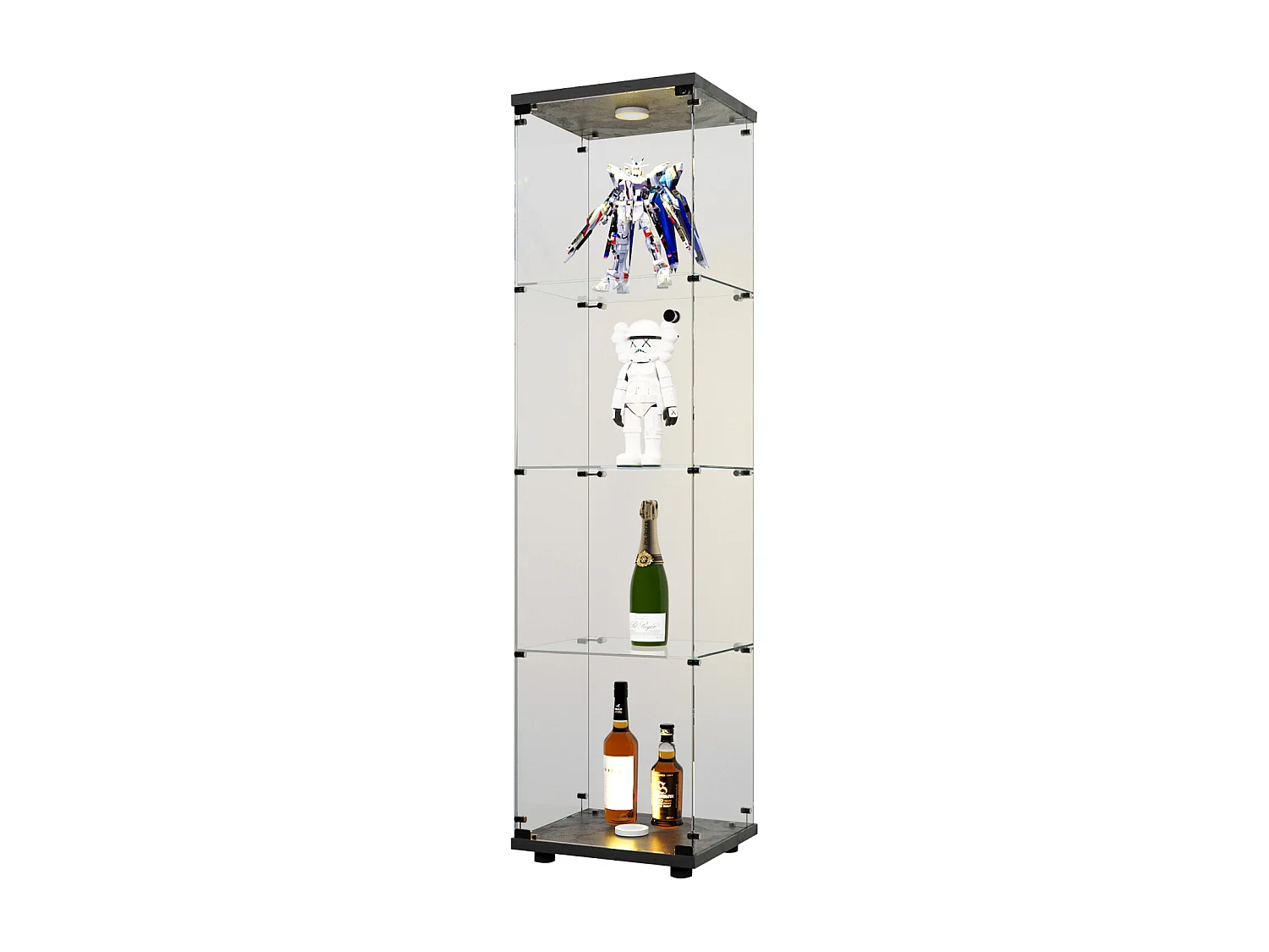Vitrine en verre 4 étagères, LED, 1 porte, 164x42x36 cm, meuble pour collection, noir, transparent