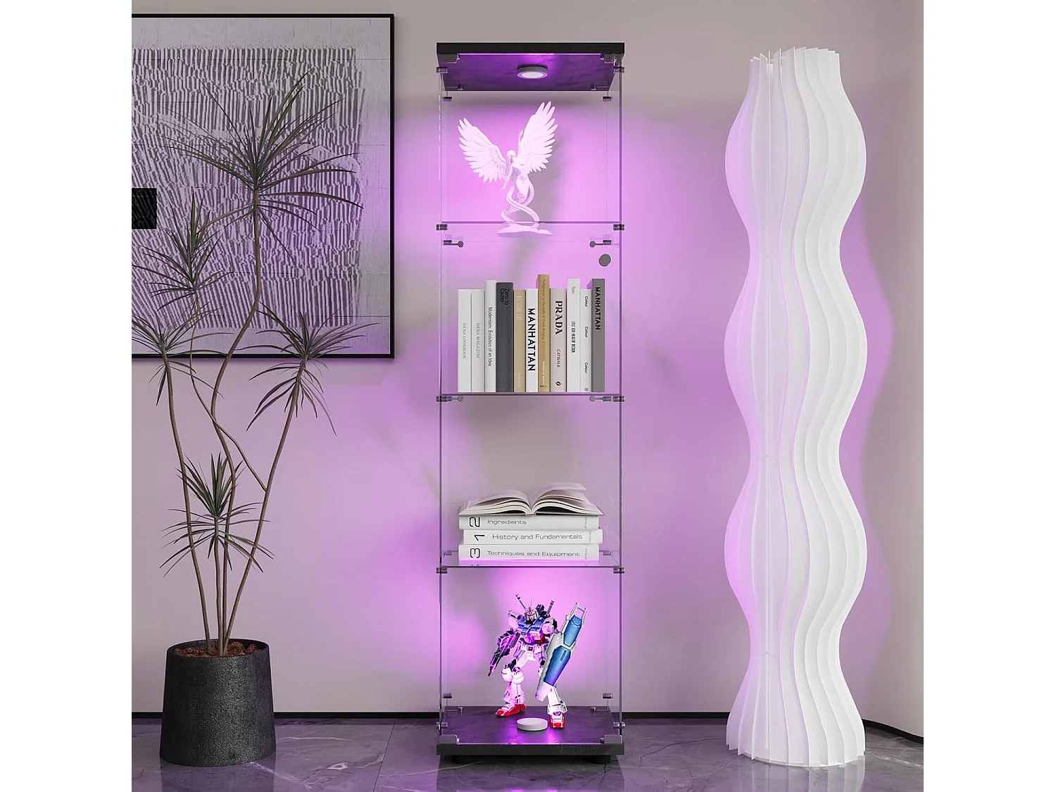 Vitrine en verre 4 étagères, LED, 1 porte, 164x42x36 cm, meuble pour collection, noir, transparent