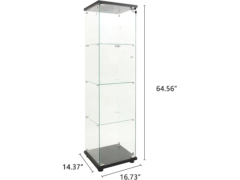 Vetrina in vetro con 4 ripiani, LED, 1 anta, 164x42x36 cm, mobiletto portaoggetti, nero, trasparente