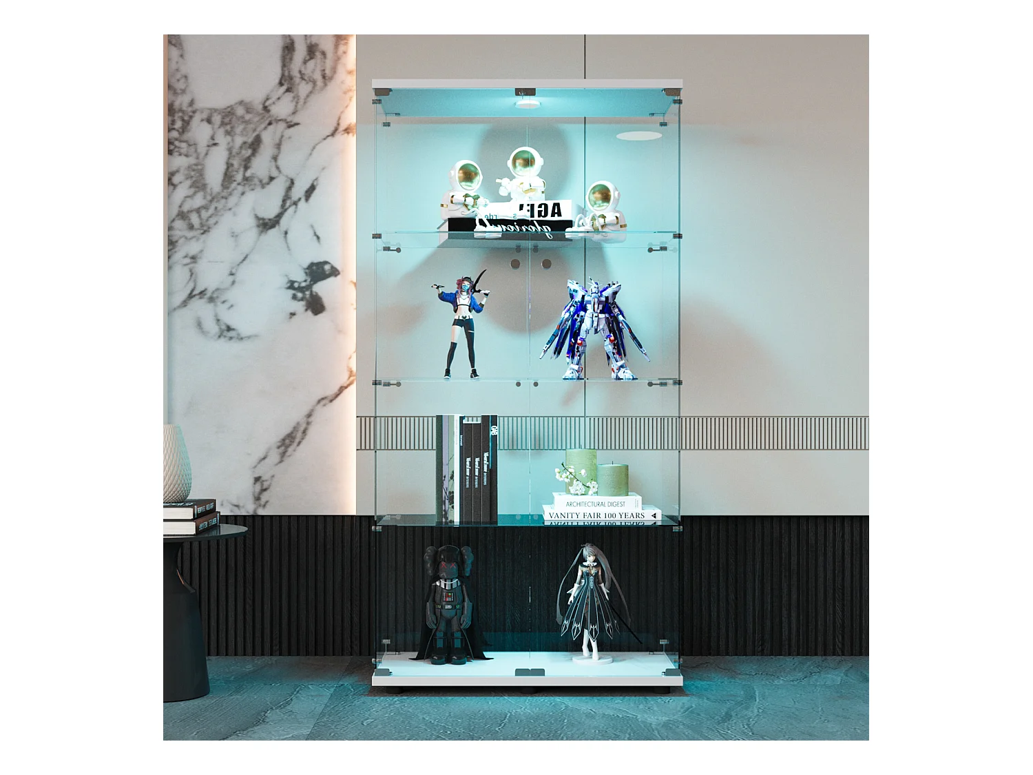 Vitrine en verre sur pied, LED, 2 portes avec serrure, 4 compartiments, pour collections et déco