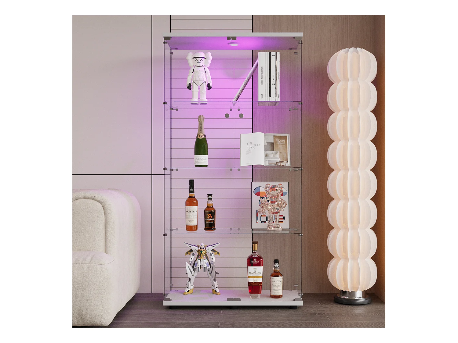 Vitrine en verre sur pied, LED, 2 portes avec serrure, 4 compartiments, pour collections et déco