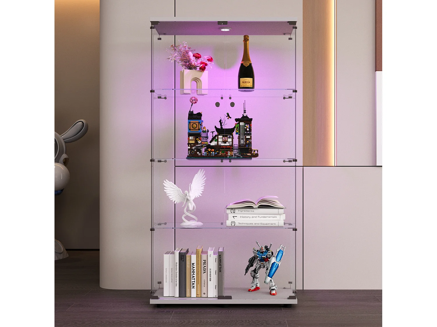 Vitrine en verre sur pied, LED, 2 portes avec serrure, 4 compartiments, pour collections et déco