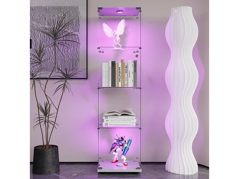 Vitrine de vidro com 4 prateleiras, LED, 1 porta, 164x42x36 cm, armário de coleta, branco, transparente