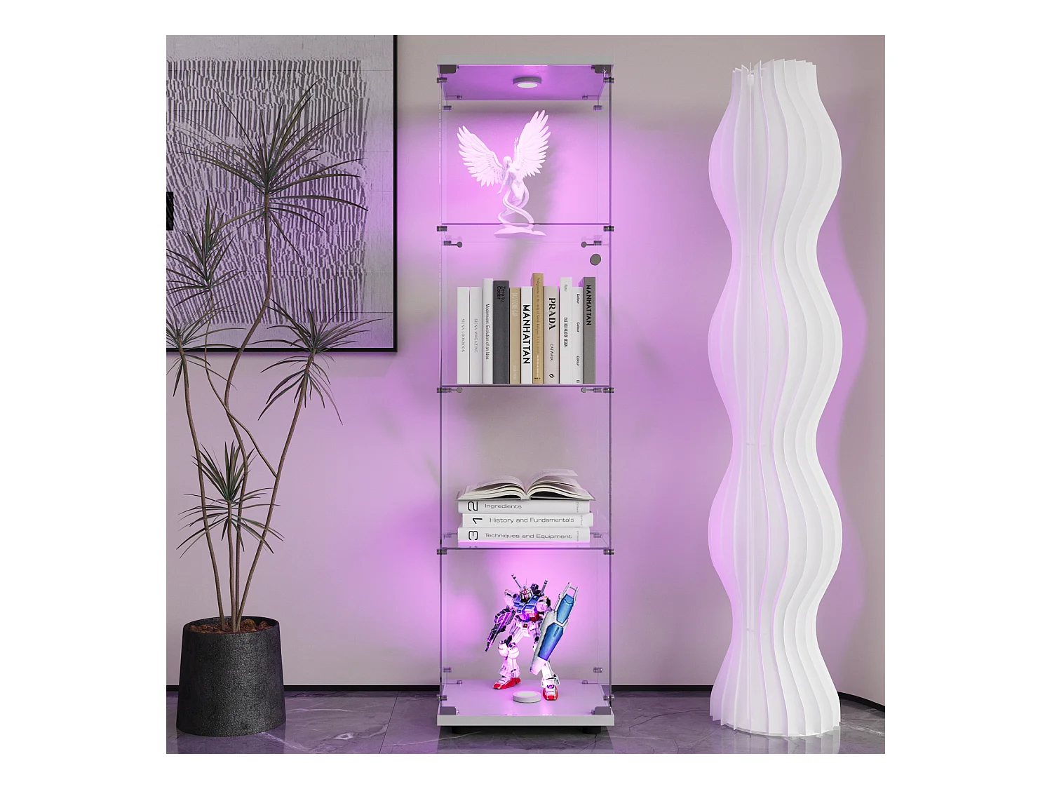 Vitrine en verre 4 étagères, LED, 1 porte, 164x42x36 cm, meuble pour collection, blanc, transparent