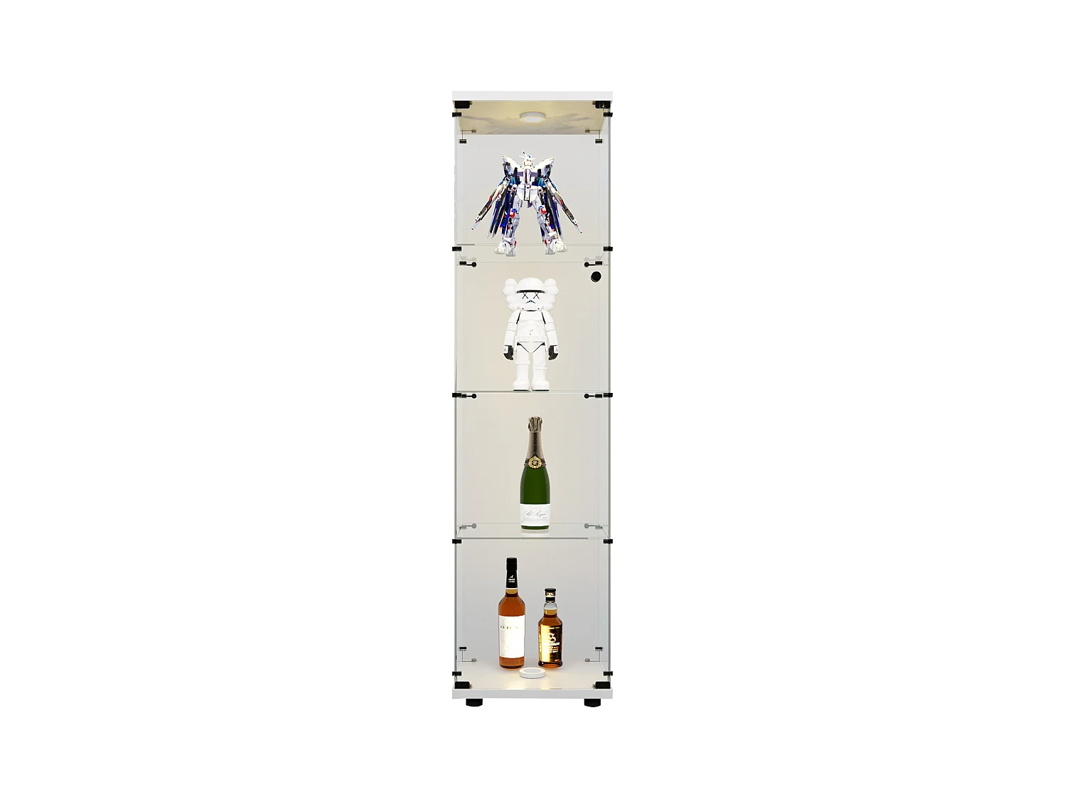 Vitrine en verre 4 étagères, LED, 1 porte, 164x42x36 cm, meuble pour collection, blanc, transparent