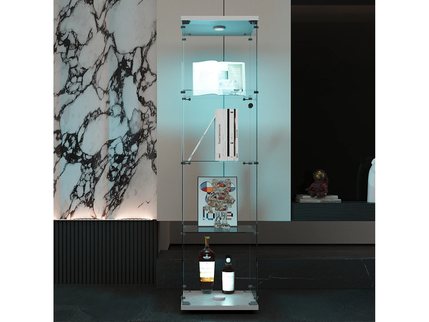 Vitrine en verre 4 étagères, LED, 1 porte, 164x42x36 cm, meuble pour collection, blanc, transparent