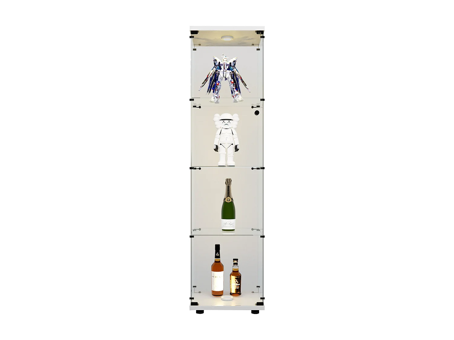 Vitrine en verre 4 étagères, LED, 1 porte, 164x42x36 cm, meuble pour collection, blanc, transparent