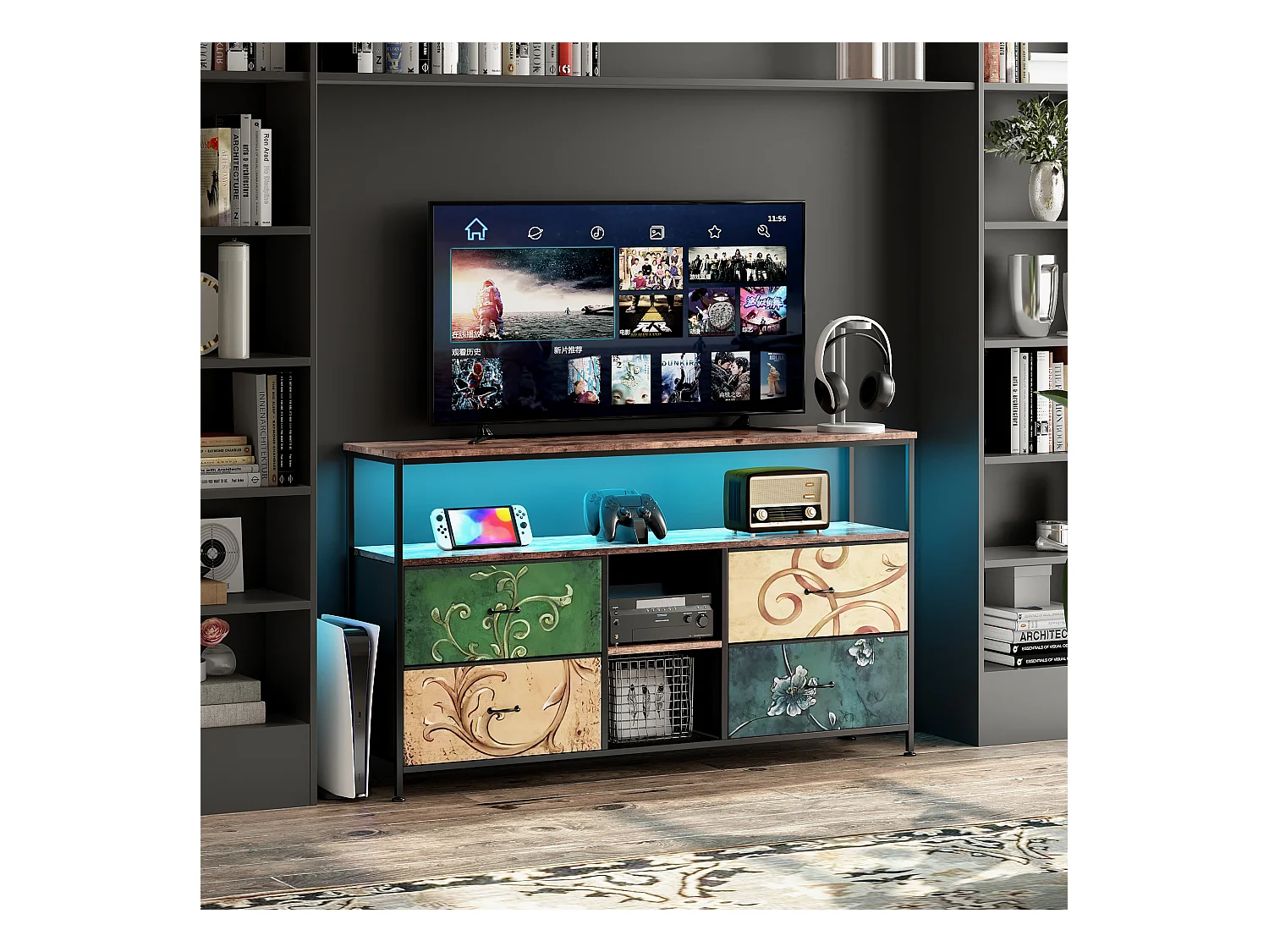 Mueble de TV LED con 4 cajones, 137 x 30 x 78 cm, aparador retro con cajones de colores