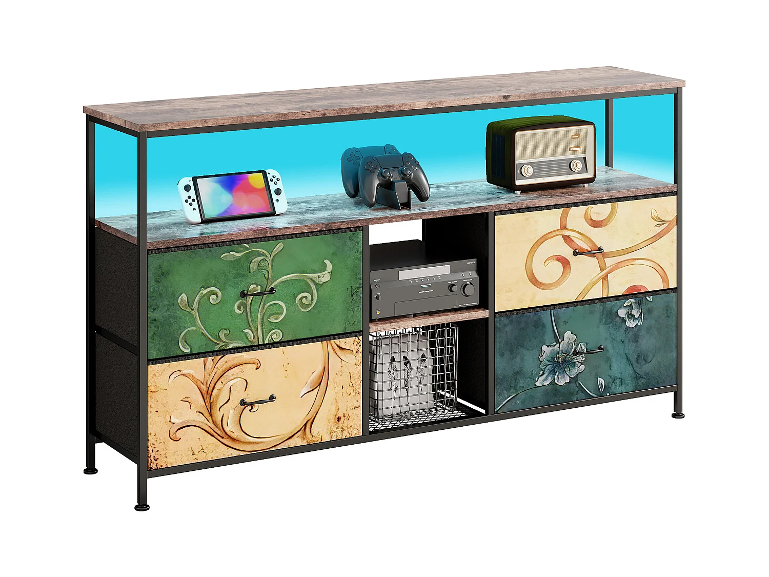 Mueble de TV LED con 4 cajones, 137 x 30 x 78 cm, aparador retro con cajones de colores