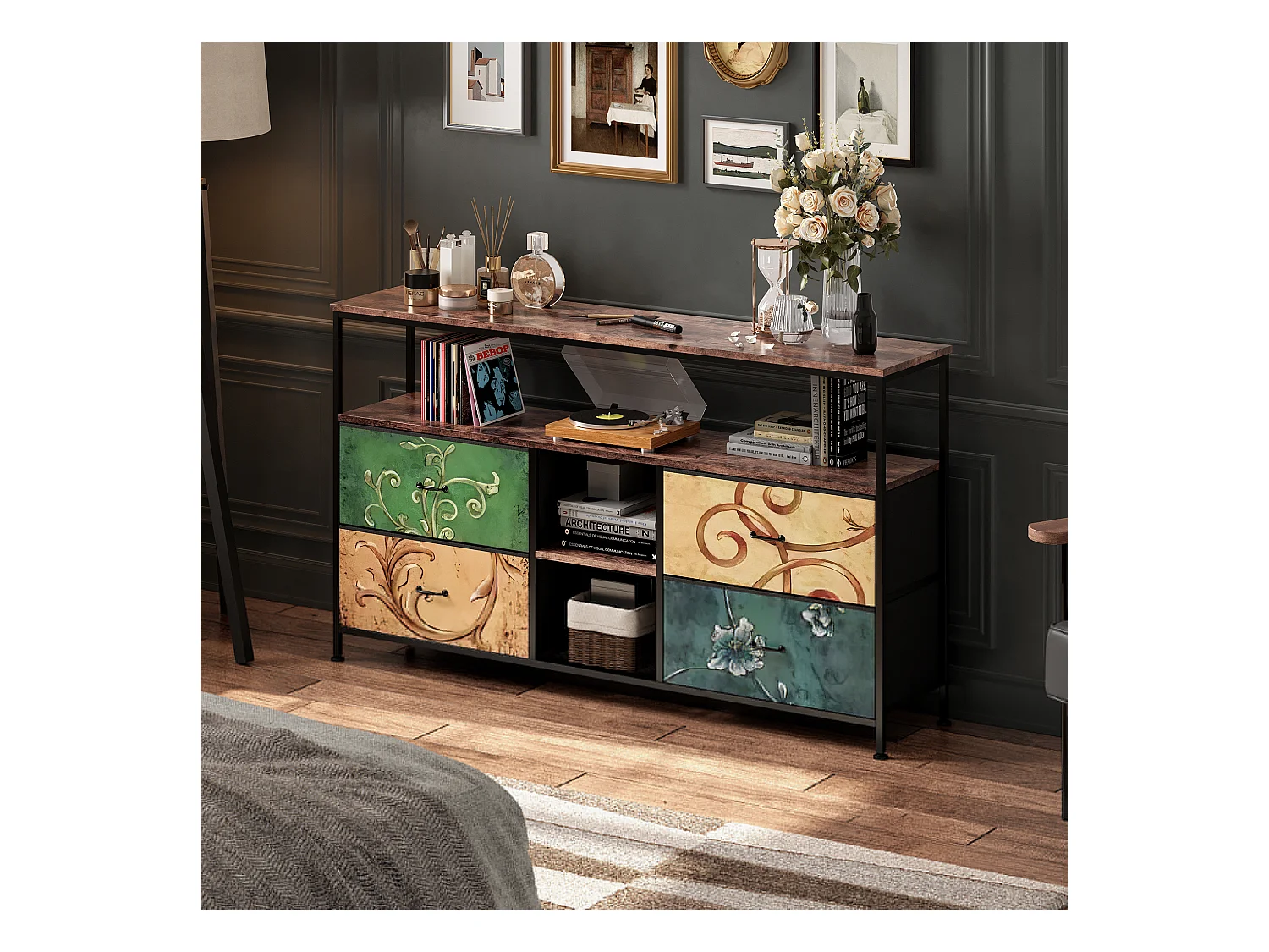 Mueble de TV LED con 4 cajones, 137 x 30 x 78 cm, aparador retro con cajones de colores