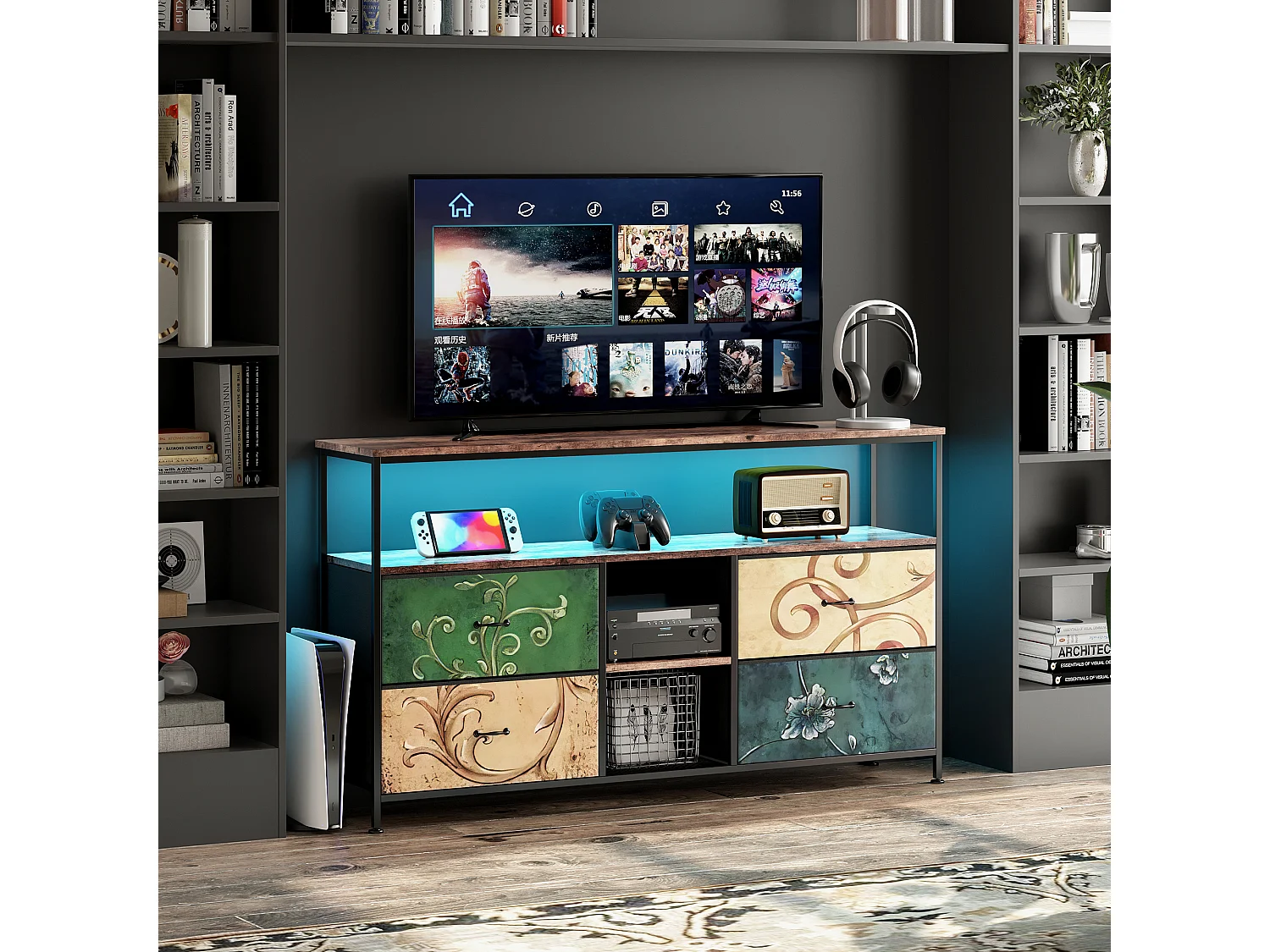 LED-TV-Schrank mit 4 Schubladen, 137 x 30 x 78 cm, Retro-TV-Bank-Sideboard, farbige Schubladen