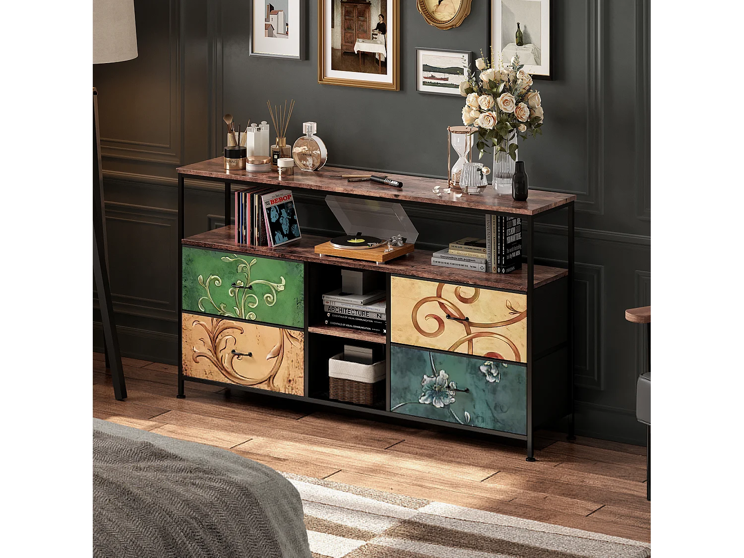 LED-TV-Schrank mit 4 Schubladen, 137 x 30 x 78 cm, Retro-TV-Bank-Sideboard, farbige Schubladen