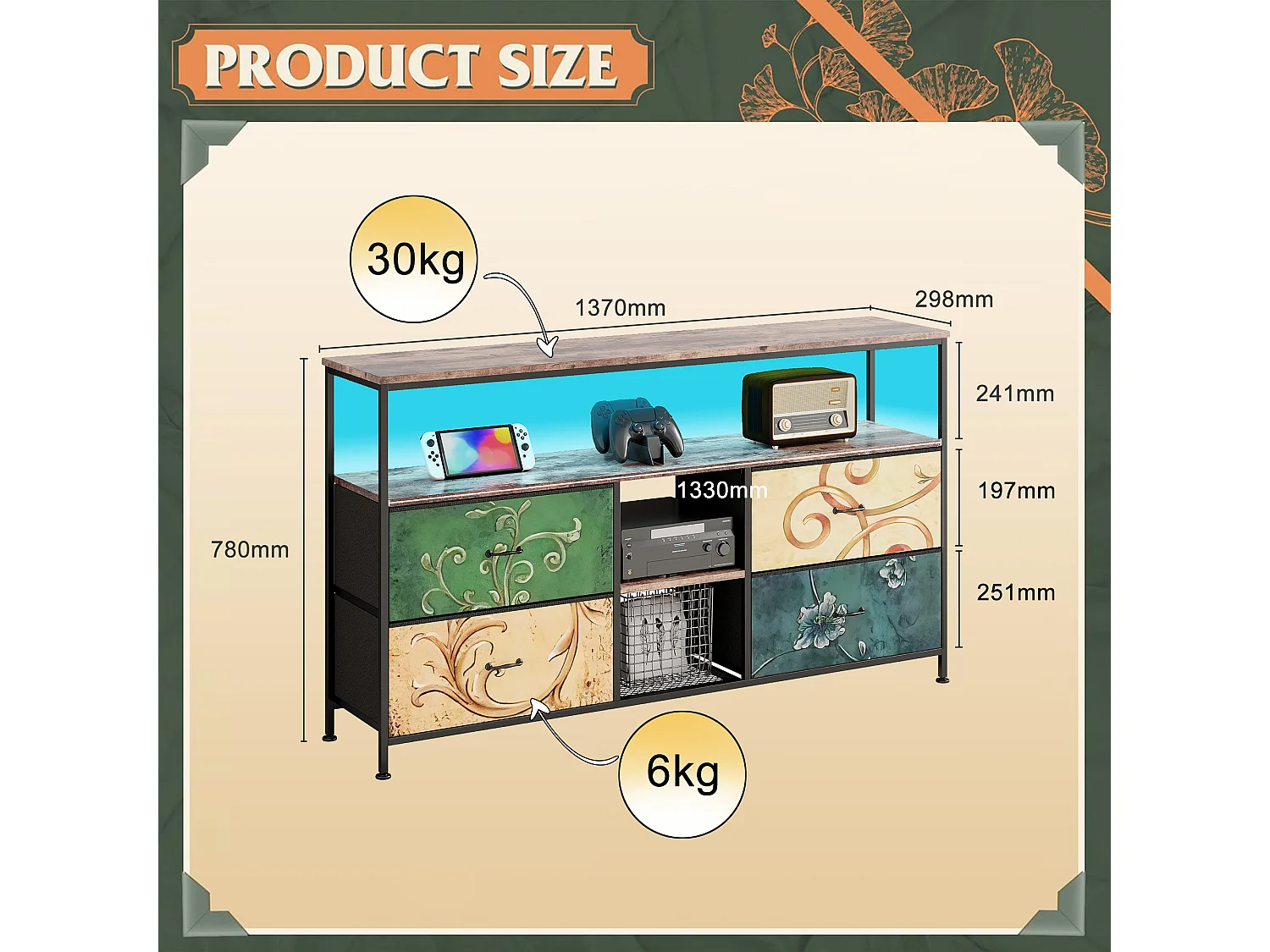 LED-TV-Schrank mit 4 Schubladen, 137 x 30 x 78 cm, Retro-TV-Bank-Sideboard, farbige Schubladen