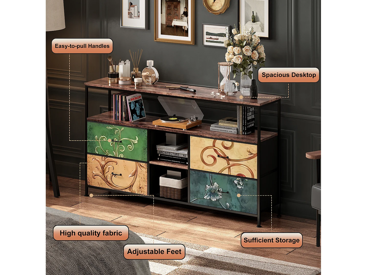 LED-TV-Schrank mit 4 Schubladen, 137 x 30 x 78 cm, Retro-TV-Bank-Sideboard, farbige Schubladen