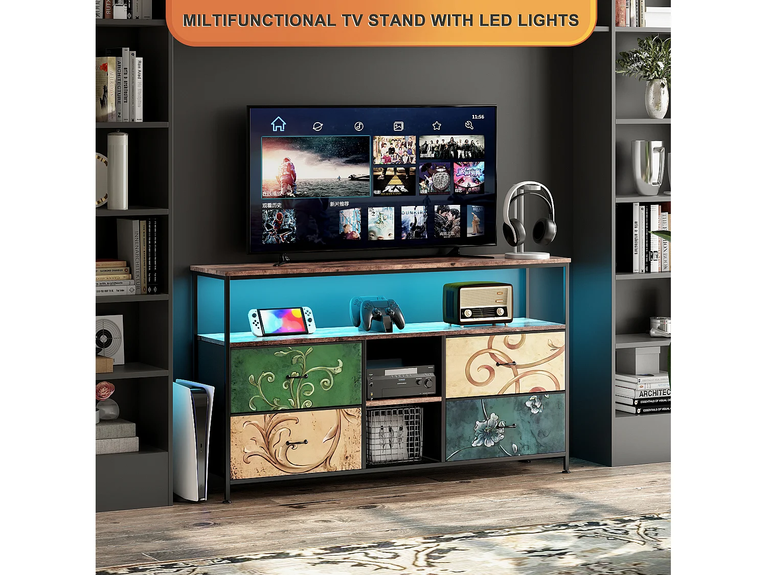 LED-TV-Schrank mit 4 Schubladen, 137 x 30 x 78 cm, Retro-TV-Bank-Sideboard, farbige Schubladen