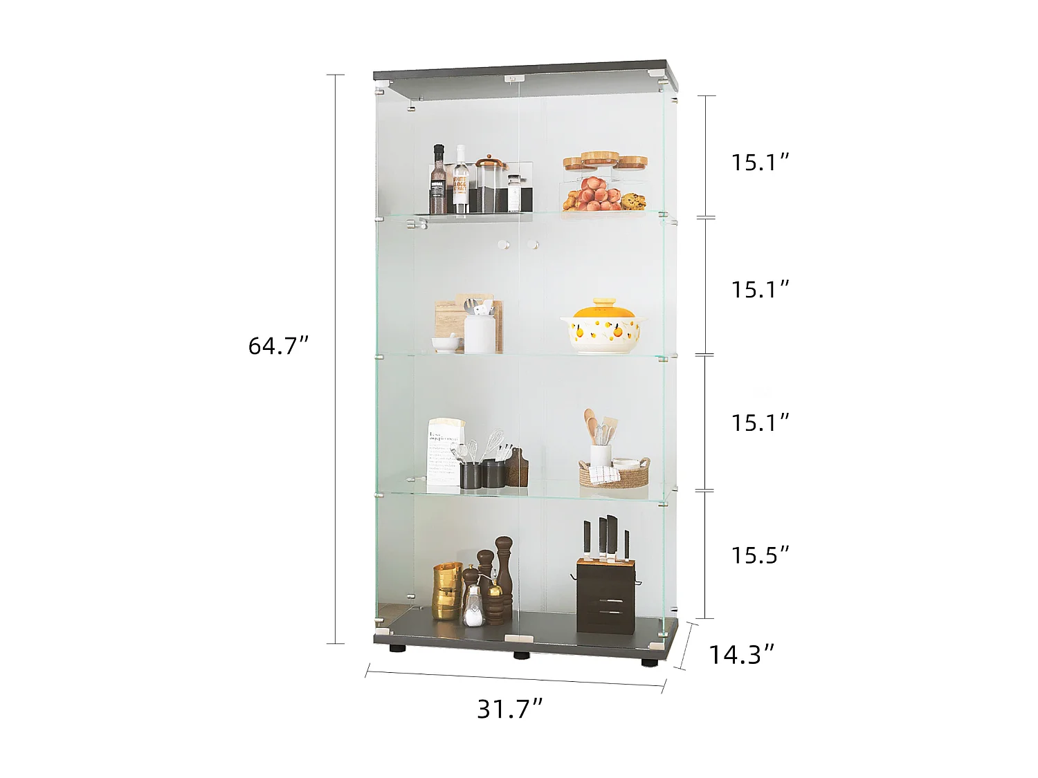 Glasvitrine mit 4 Einlegeböden, 2 Türen und Schloss, 164 x 80 x 36 cm, Schwarz