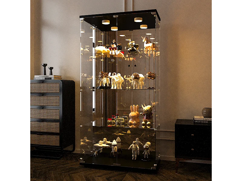 Vitrina de cristal con 4 estantes, vitrina de 2 puertas con luz y cerradura, color negro