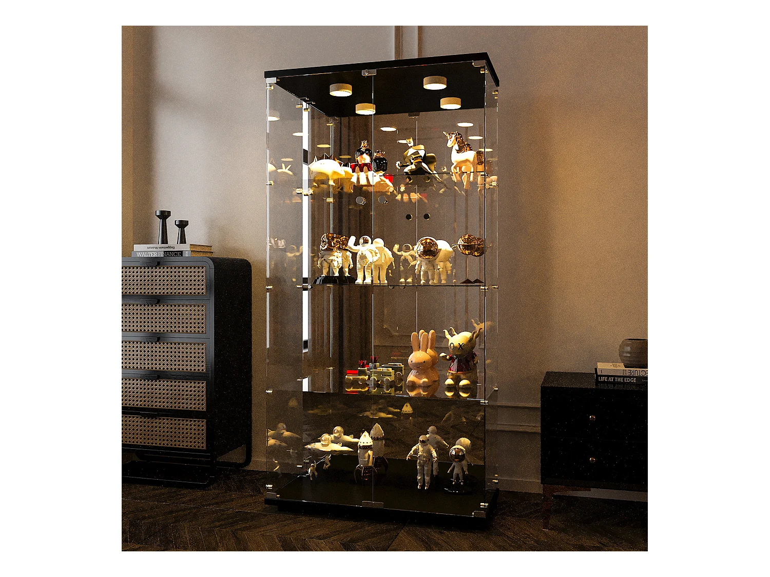 Vitrine en verre avec 4 étagères, vitrine à 2 portes avec lumière et serrure, noir