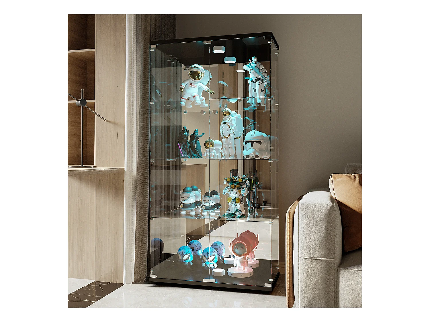 Vitrine en verre avec 4 étagères, vitrine à 2 portes avec lumière et serrure, noir