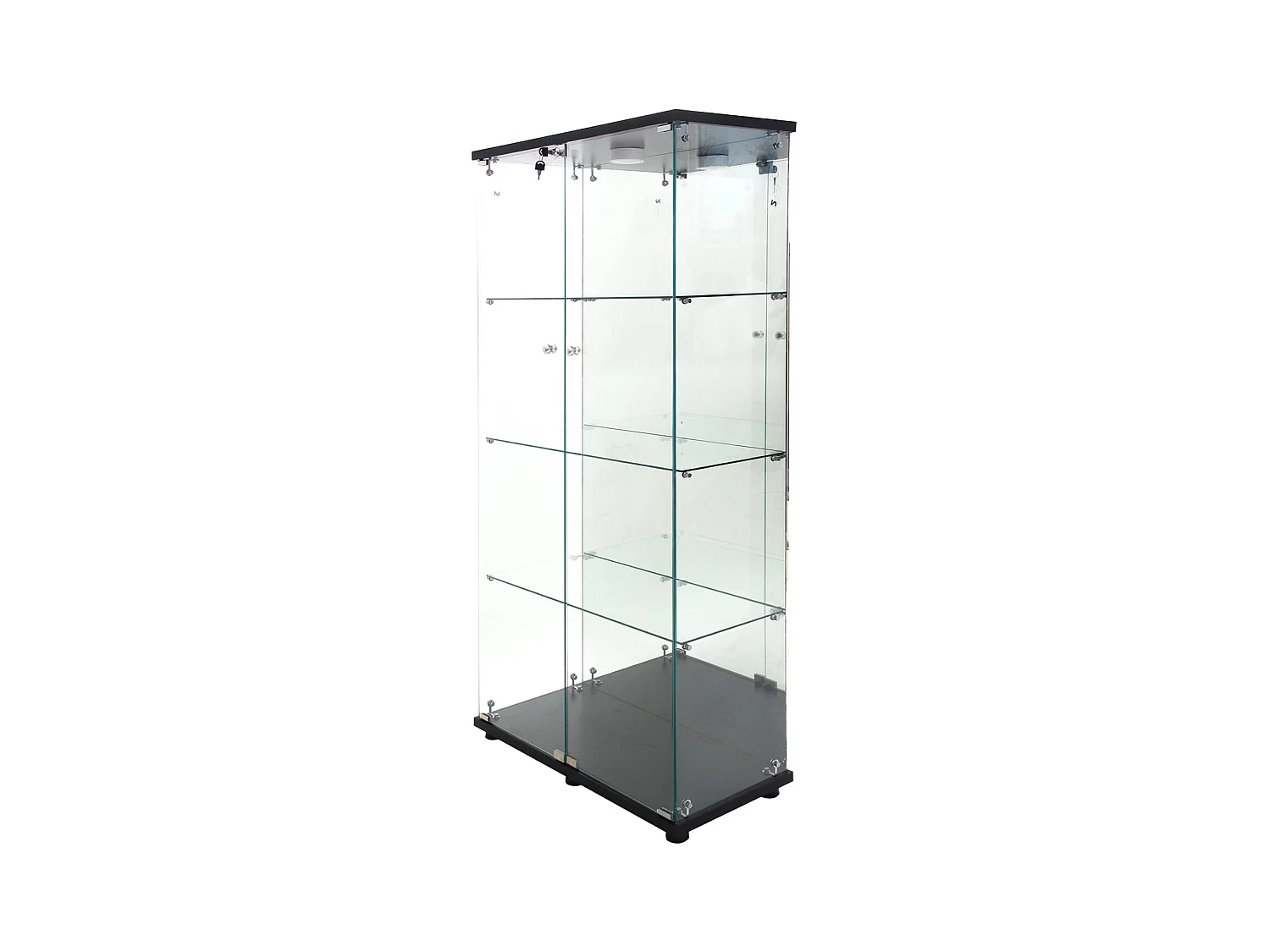 Vitrine en verre avec 4 étagères, vitrine à 2 portes avec lumière et serrure, noir