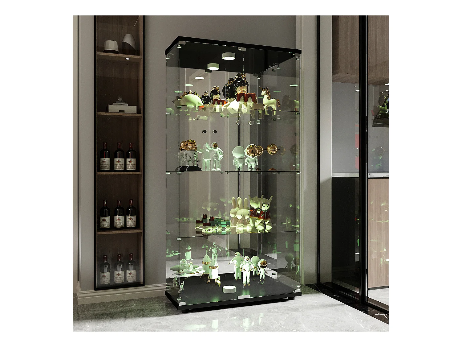 Vitrine en verre avec 4 étagères, vitrine à 2 portes avec lumière et serrure, noir