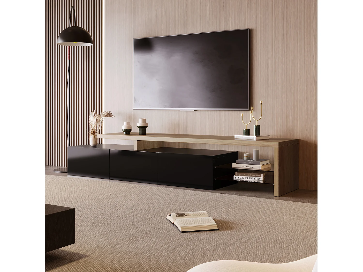 Moderner TV-Ständer mit dimmbaren LED-Leuchten, 3 Türen und Glasböden - Schwarz