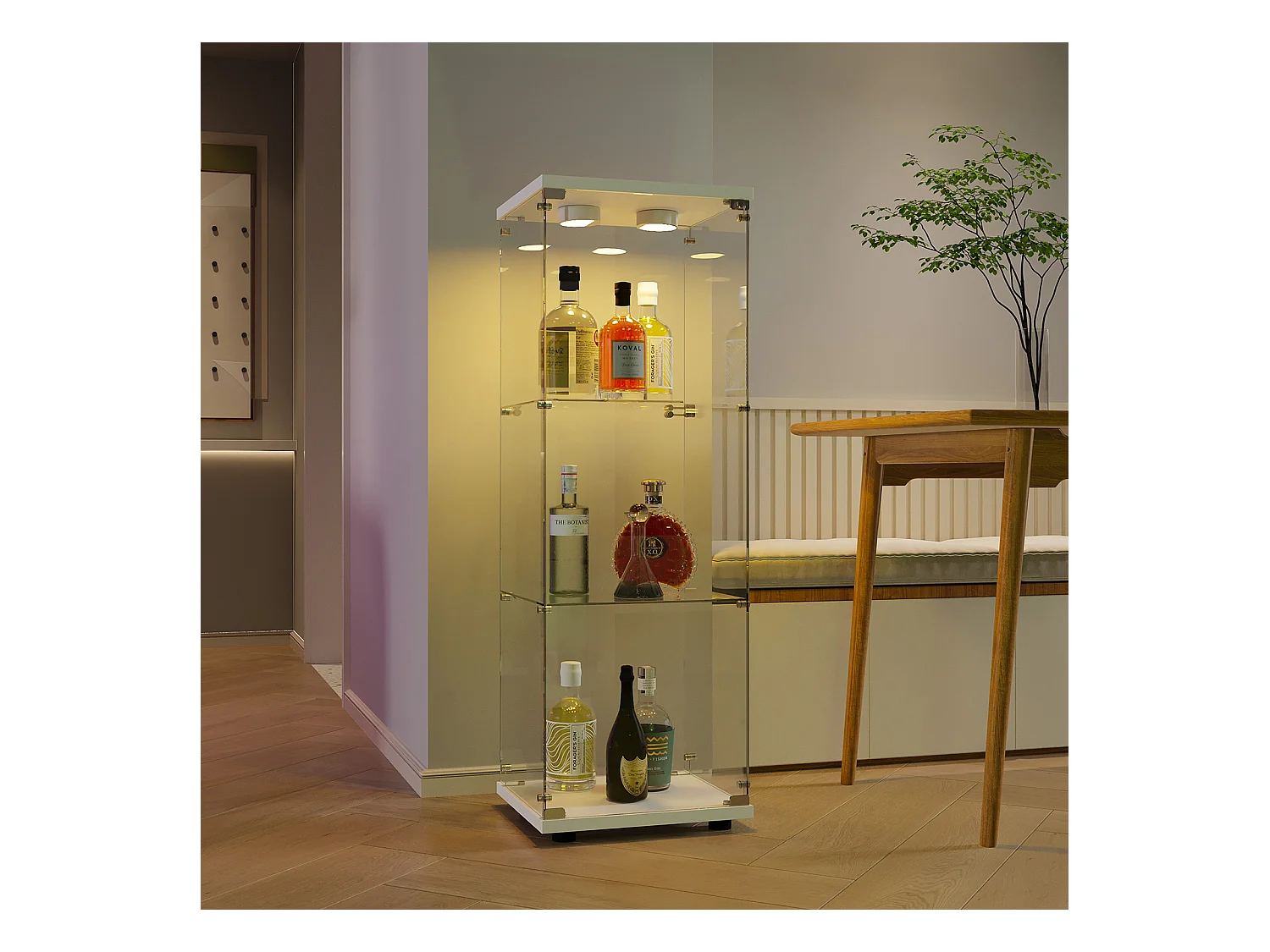 Vitrine en Verre - 3 étagères - Avec LEDs, lumière et serrure, blanc