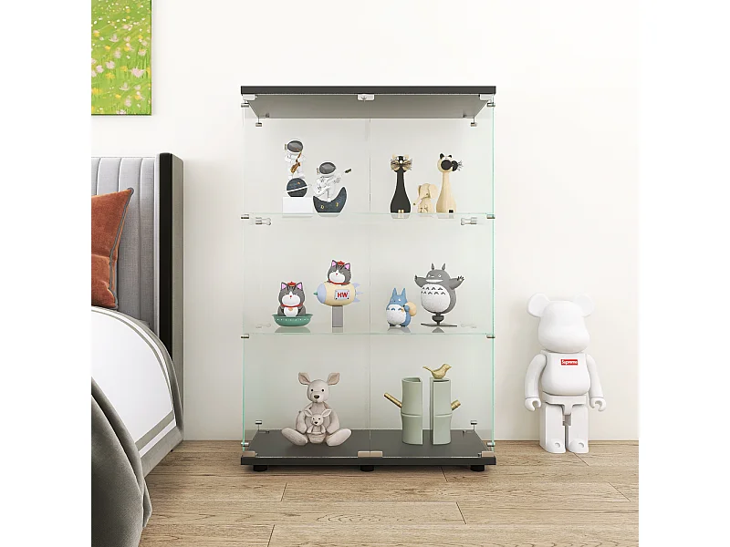 Moderne Glasvitrine, schwarzes Holz, 3 Ebenen, 2 Türen mit Schloss, 125x79x36,5 cm, gehärtetes Glas