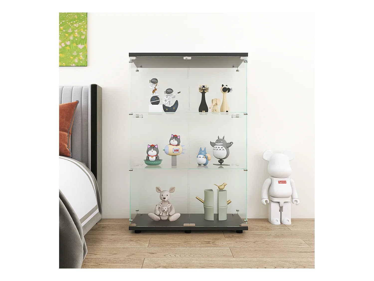 Moderne Glasvitrine, schwarzes Holz, 3 Ebenen, 2 Türen mit Schloss, 125x79x36,5 cm, gehärtetes Glas