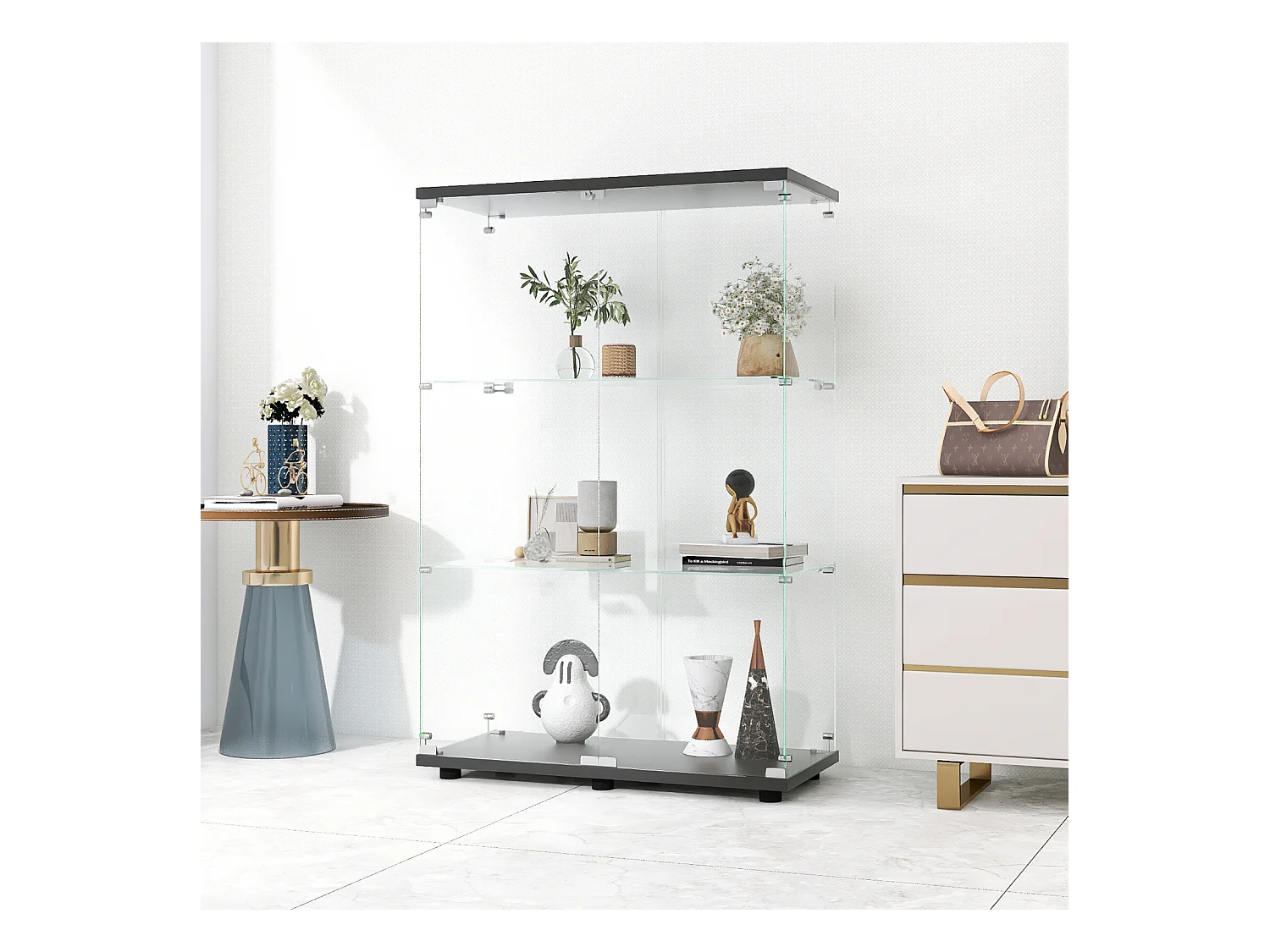 Moderne Glasvitrine, schwarzes Holz, 3 Ebenen, 2 Türen mit Schloss, 125x79x36,5 cm, gehärtetes Glas