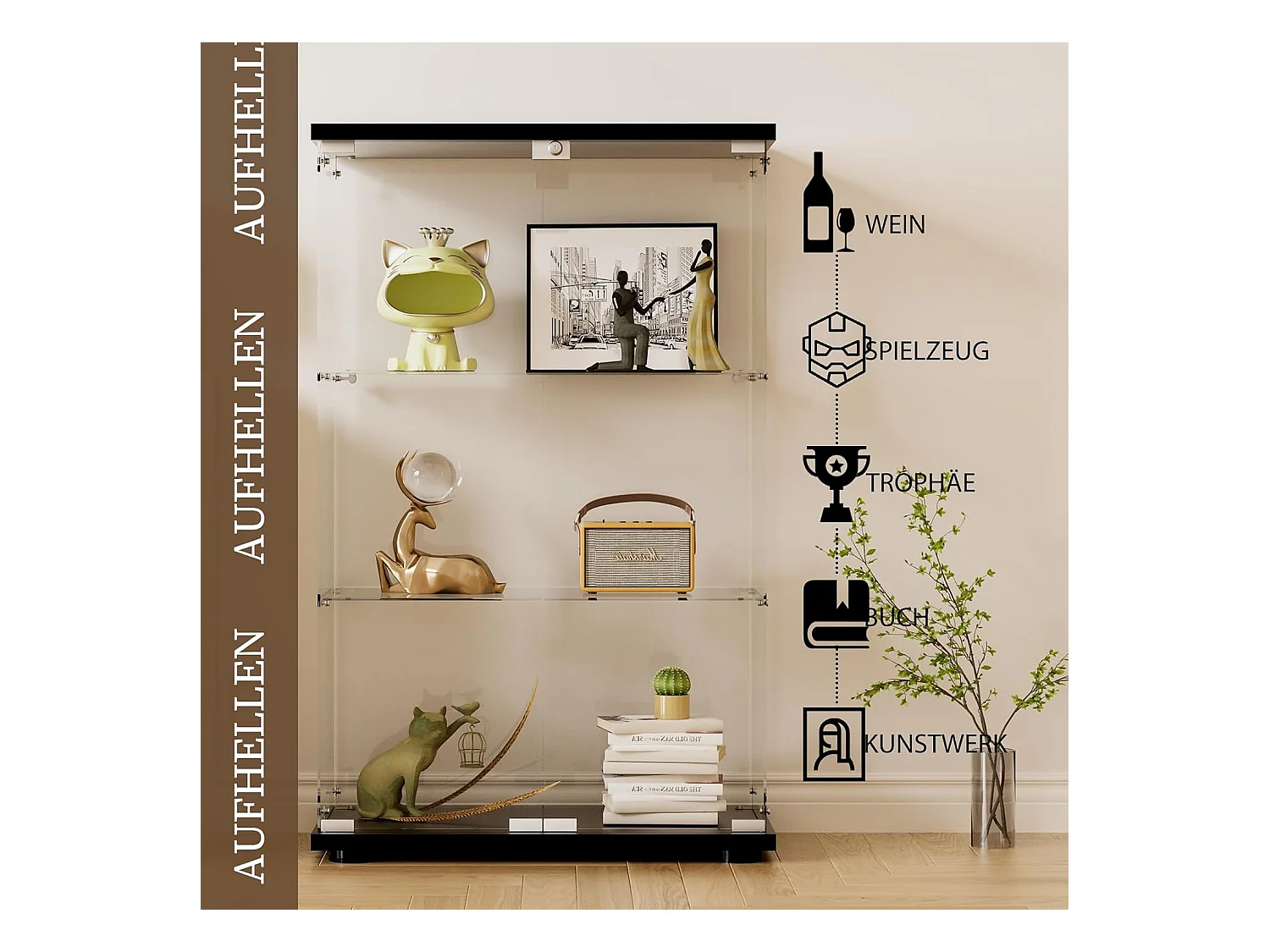 Moderne Glasvitrine, schwarzes Holz, 3 Ebenen, 2 Türen mit Schloss, 125x79x36,5 cm, gehärtetes Glas